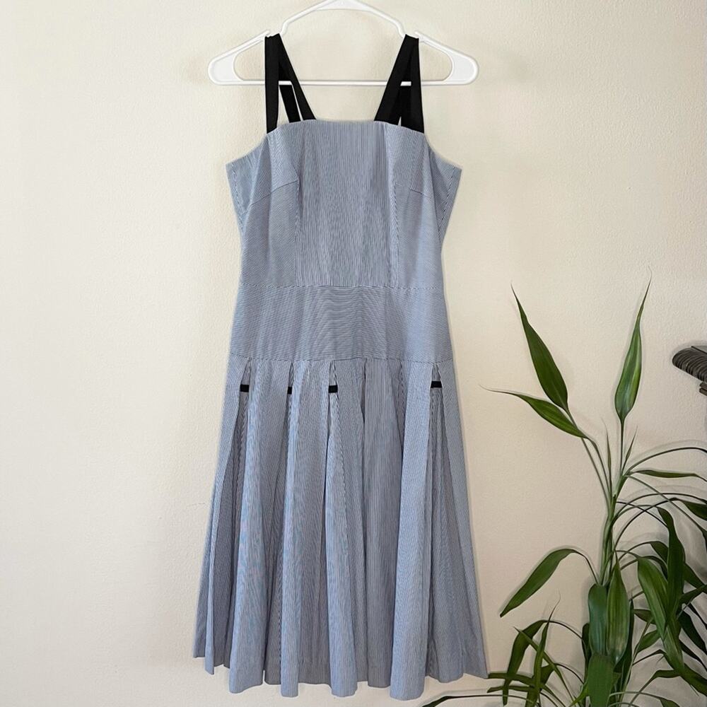 Olympia Le-Tan Queen Mary Dress Womens US 8 FR 38 Navy White Stripe Retro Midi